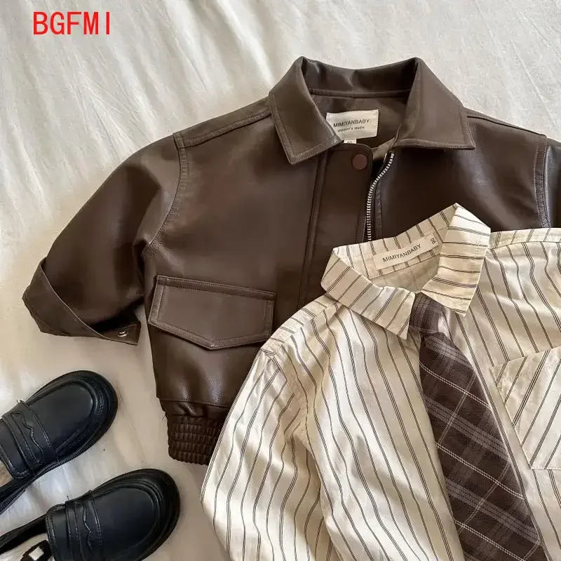 2-10Y Baby Boys Girls Zipper Jackets Brown Pu Leather Lapel Collar Coats Korean Style Autumn Single Breasted Toddler Cardigans