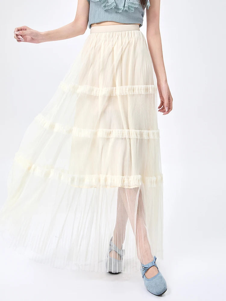 Women's Skirt Spring Summer Tiered Tulle High Waist Ruffle Hem A-Line Pleated Maxi Layered Mesh Cake Skirt Female Faldas SK120