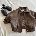 2-10Y Baby Boys Girls Zipper Jackets Brown Pu Leather Lapel Collar Coats Korean Style Autumn Single Breasted Toddler Cardigans