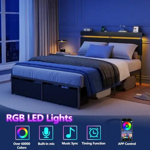 Full Size Bed Frame with Wood Headboard,2 Storage Drawers & Shelf | Built-in Charging Station & LED Lights, Metal