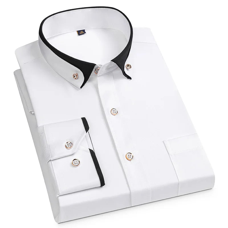 For Men'S Business Dress Shirts Male Formal Button-Down Social Collar Camisa Social Elastic Anti-Wrinkle Casual Men Shirt Pocket