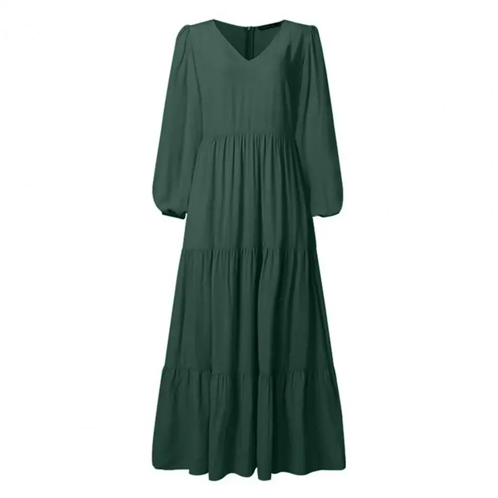 Woman's Solid Color V Neck Dress Elegant A Line Maxi Dress with Pleated Long Sleeves Femme Robe Solid Color Big Swing for Dating