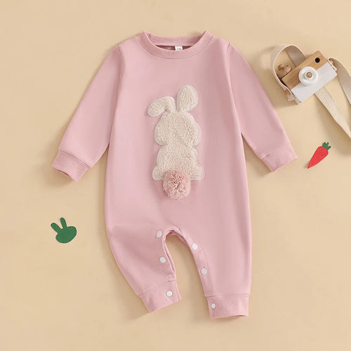 Citgeett Infant Romper For Spring Easter Plush Bunny Embroidery Long Sleeve Jumpsuit For Baby Boy Girl