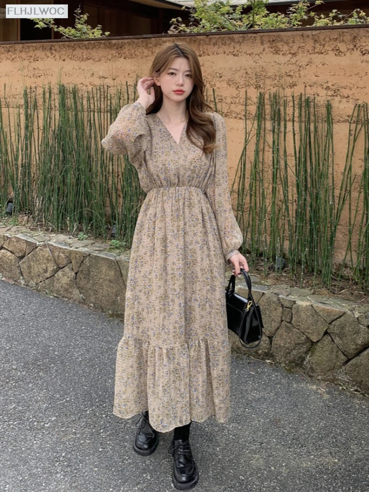 Chic Korean Clothes Design 2022 Autumn Spring Womens V Neck Elegant Lady Floral Printed Retro Vintage Long Maxi Dress