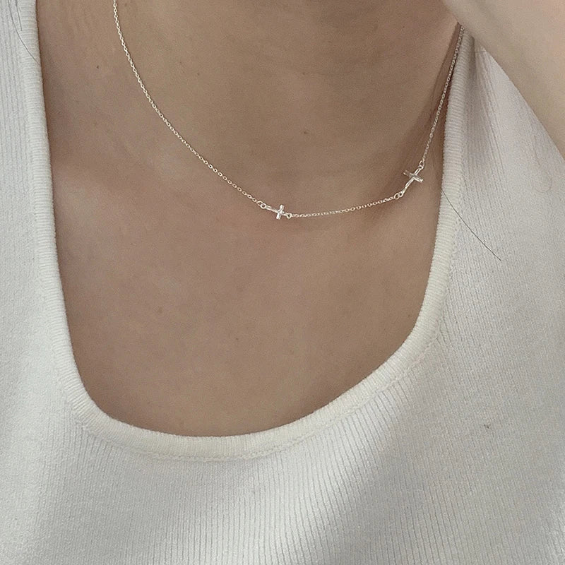 New 925 Sterling Silver Cross Necklace Style Geometric Style Woman Pendant Choker Birthday Exquisite Jewelry