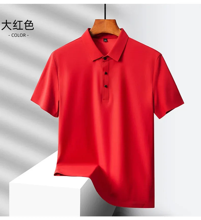 Summer Ice Silk Quick Drying Loose Polo Shirt Middle Aged Men's Solid Lapel Button Simple Versatile Casual Thin Short Sleeve Top