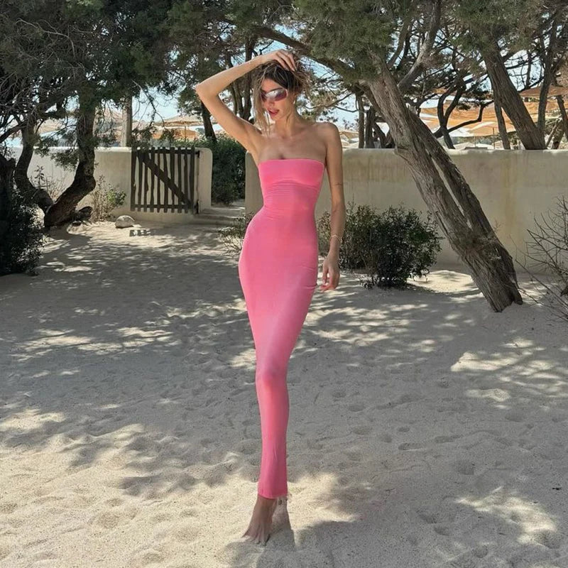 Summer Women Y2K Clothes Beach Vacation Party Elegant Women Solid Strapless Backless Bandage Sexy Bodycon Maxi Dress