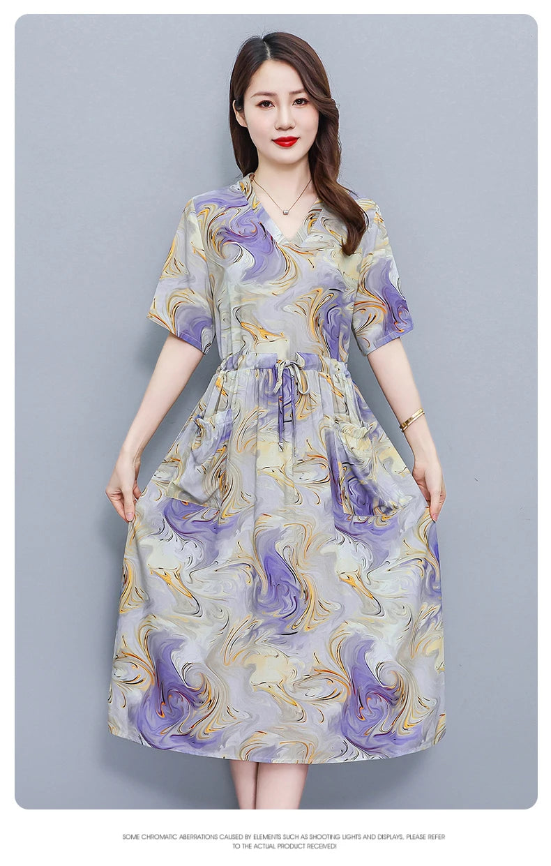 New Fashion 2025 Summer dresses For Women V-Neck Plus Size Woman Cothing Loose Short Sleeve Women Print Dresses
