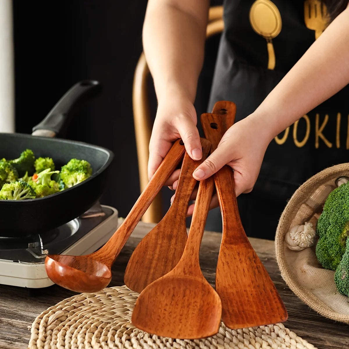 Wooden KitchenCooking Tools 4-piece Set Non Stick Cooking Utensils Durable Wooden Spatula Rice Spoon Spoon Kitchen Utensils