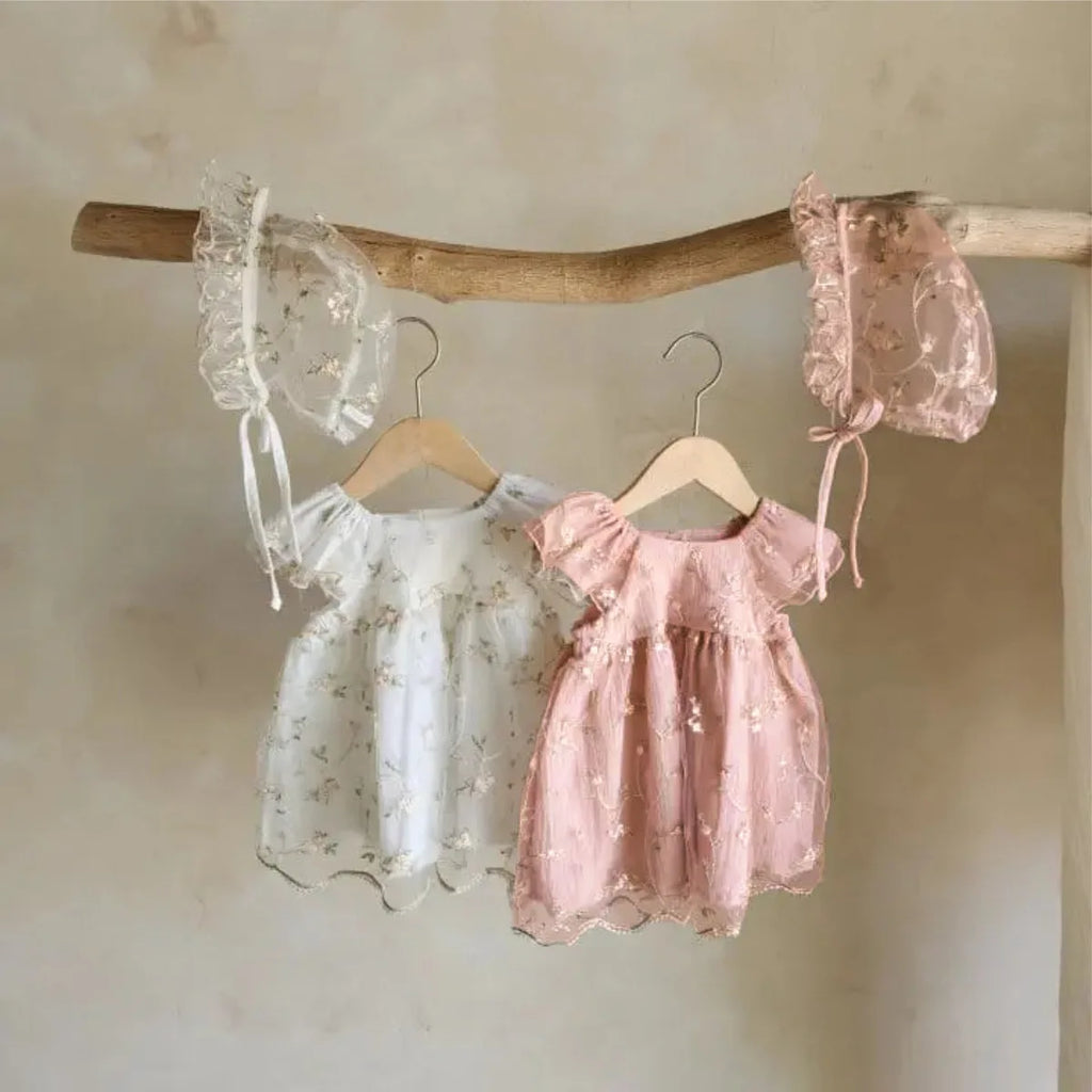 2026 Summer New Baby Girl Short Sleeve Princess Dress Sweet Girls Flower Embroidery Mesh Dress Fashion Children Clothes