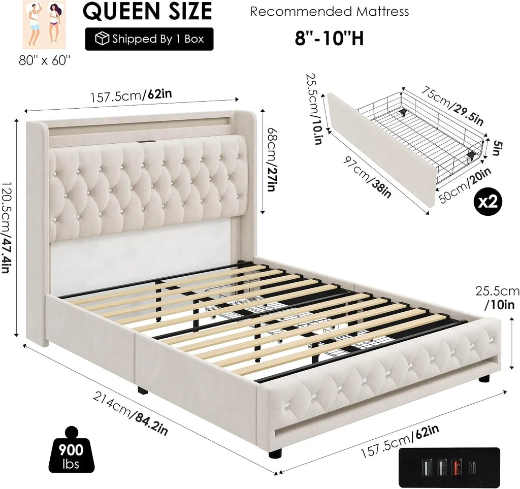 Upholstered Queen LED Bed Frame w/Storage & Charging Headboard, Beige | Modern Style Queen Size Platform Bed, Velvet Crystal