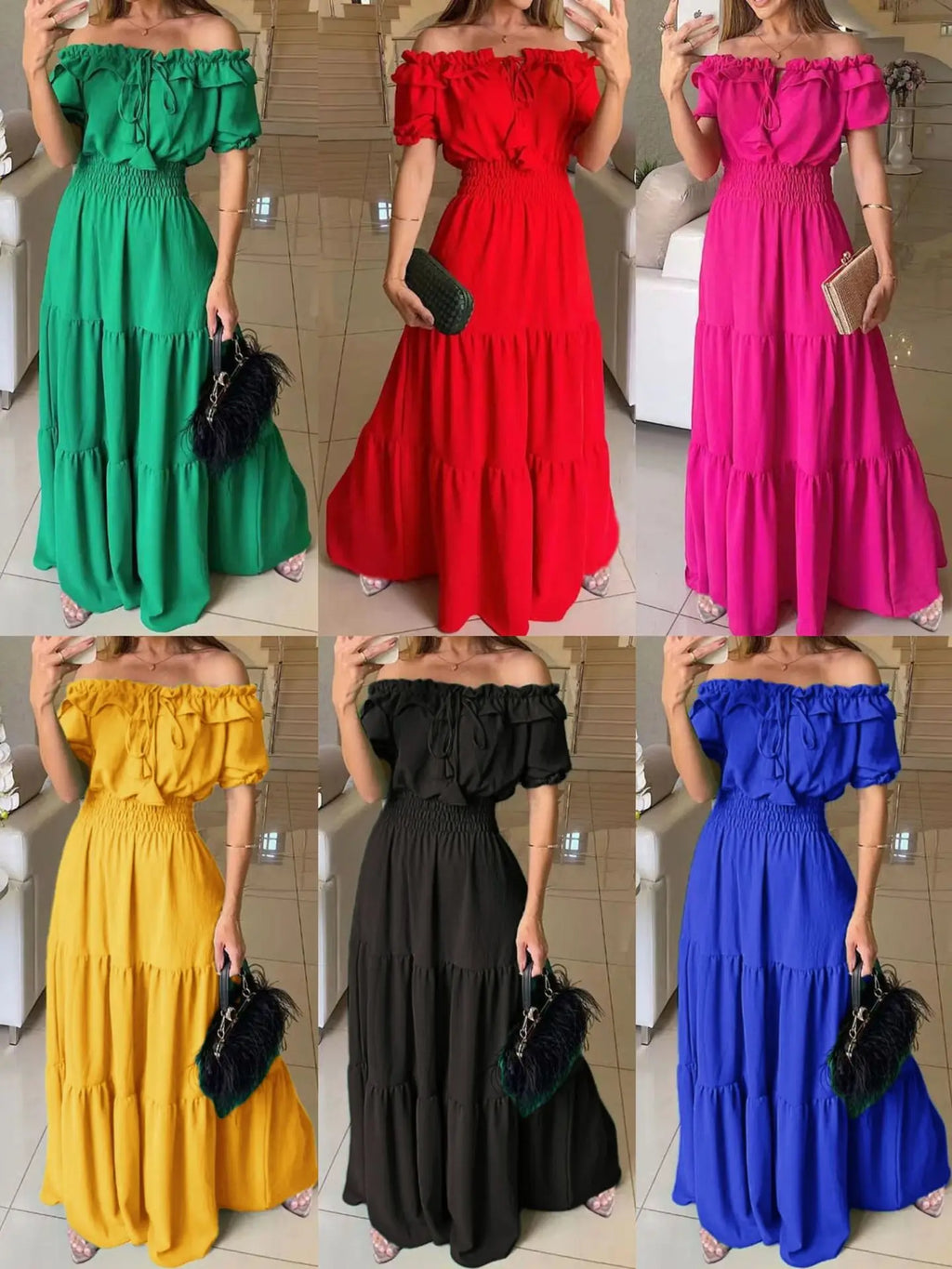 2026 Elegant Women's Off Shoulder Ruffle Sleeve Dress Fashion Solid Color Elastic Waist Tiered Maxi Dresses