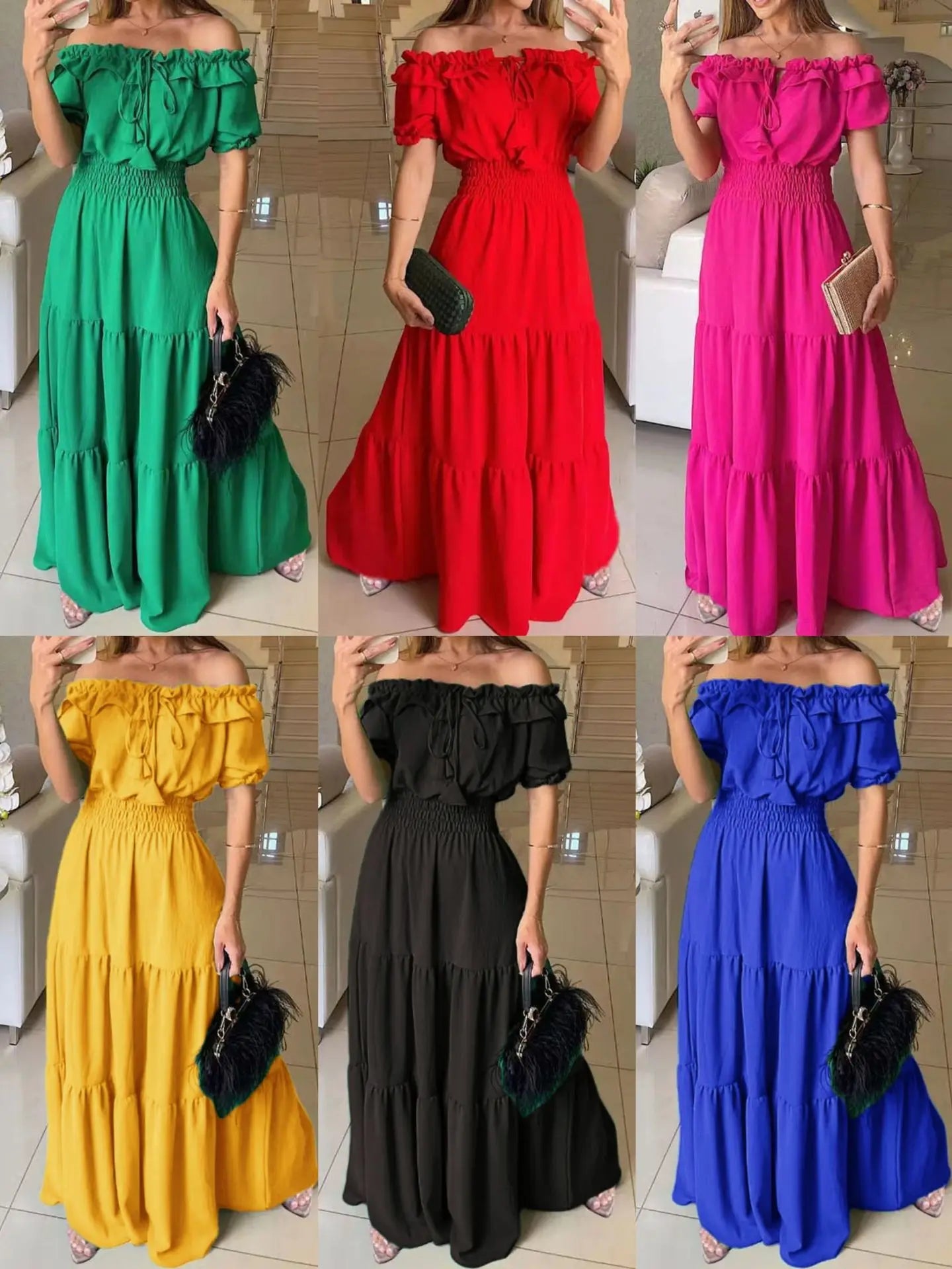 2026 Elegant Women's Off Shoulder Ruffle Sleeve Dress Fashion Solid Color Elastic Waist Tiered Maxi Dresses