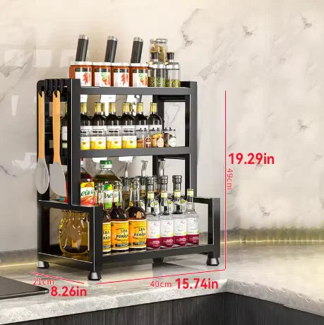 Estante metálico para especias de 2-3 niveles ajustable, organizador de almacenamiento de cocina multifuncional de pie con dispositivo de fijación, soporte para cuchillos