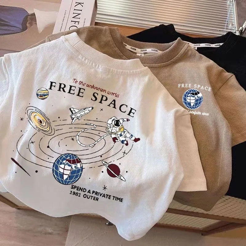 Kids Space Pattern T-Shirt Short Sleeve Crewneck Cotton Blend