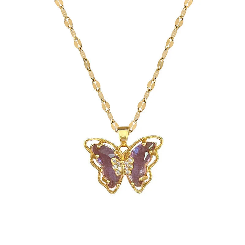 (Titanium Steel) Gorgeous and Stylish Hollow Titanium Steel Butterfly Necklace with Crystal Drop Decoration for Women
