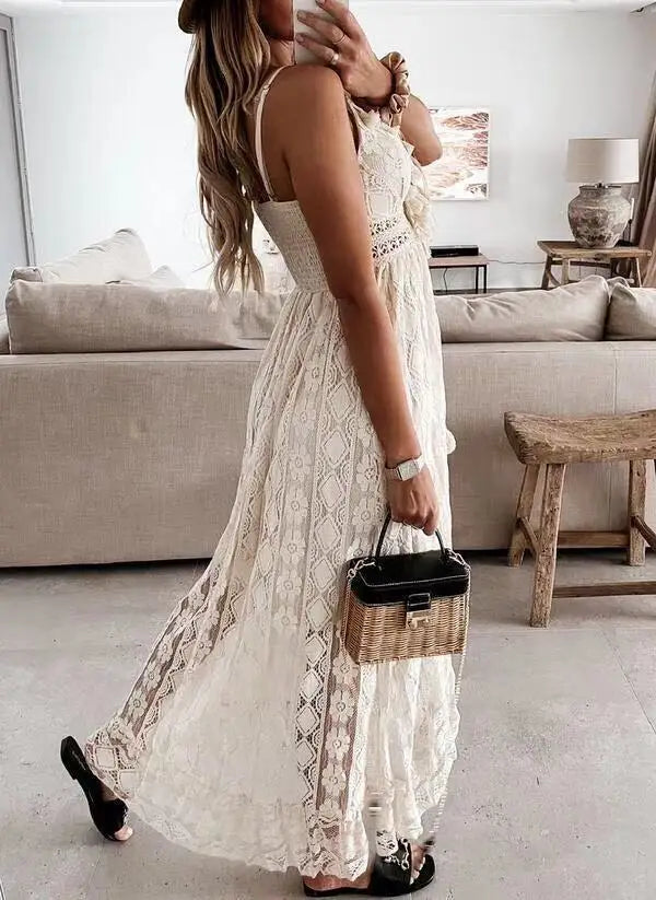 Fashion Summer Camisole Long Skirt Strap Camis Sleeveless Hole Hollow Out Beach Holiday Dress Tassel Sexy Maxi Dresses