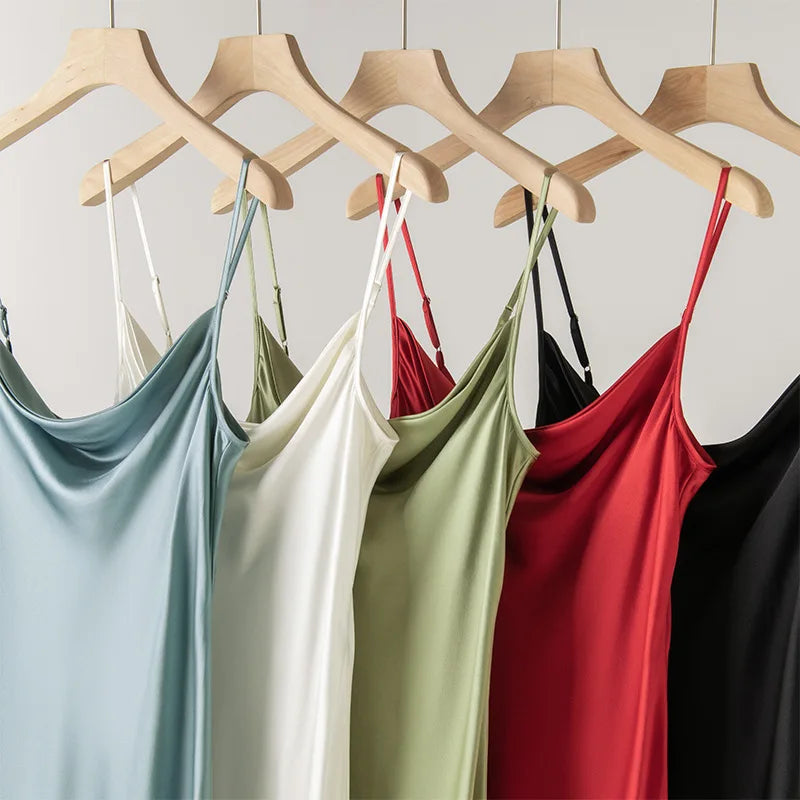 Women's Summer New Style French 100% Natural Mulberry Silk Plain Satin Swing Collar Temperament Camisole Slim Fit Party Dress