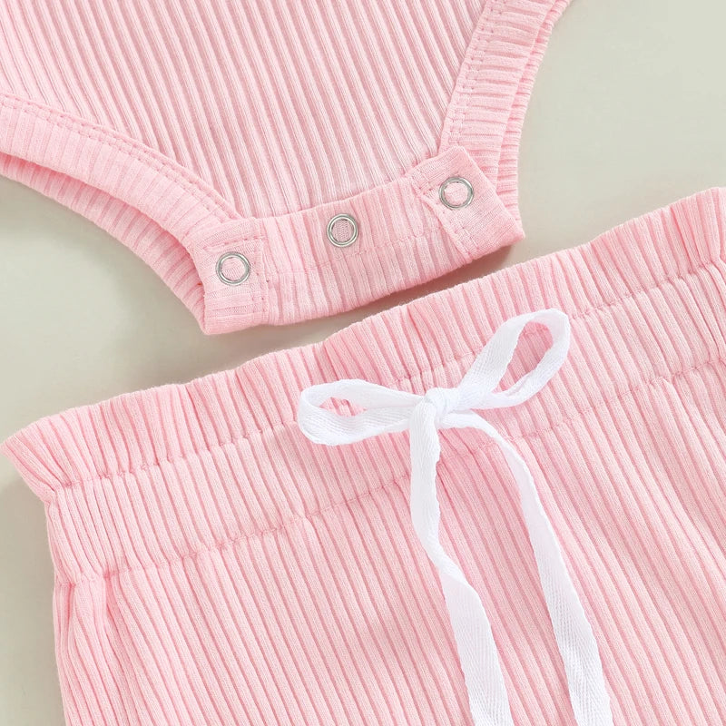 0-18M Summer Lovely Toddler Baby Girls Boys Clothes Sets Solid Knit Ruffles Sleeve Bodysuit Romper Tops Shorts 2Pcs Clothes