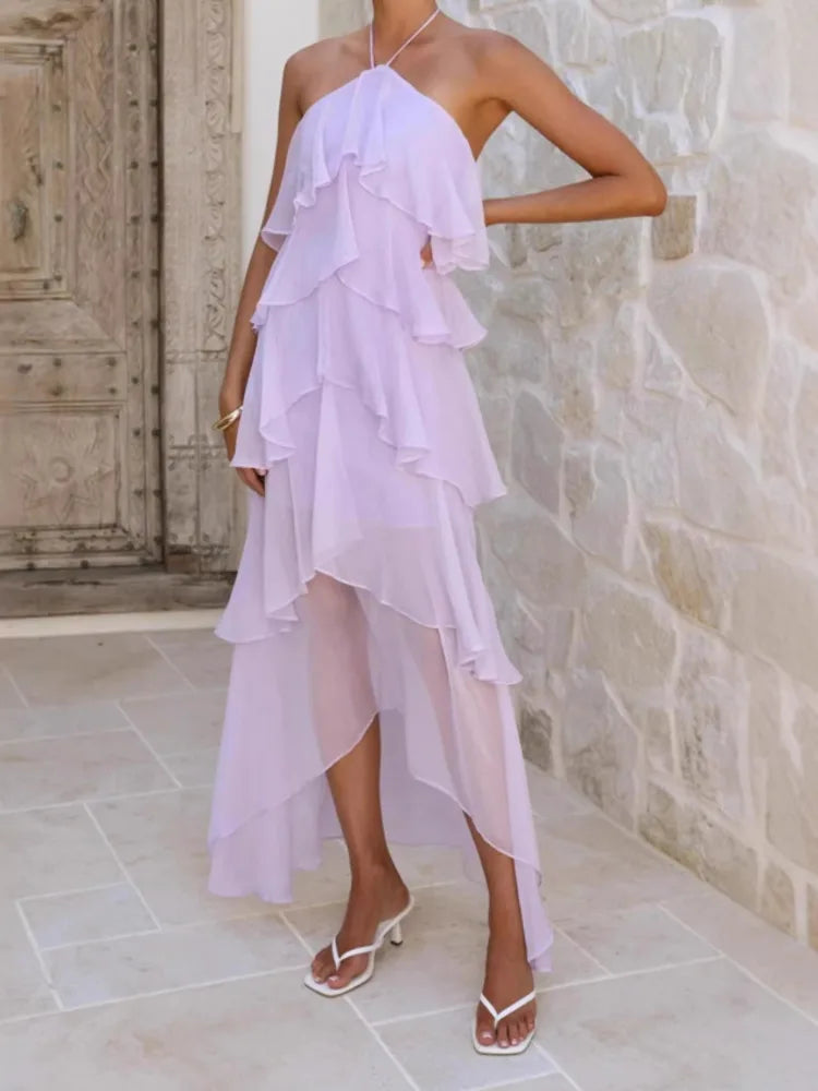 SHENGPALAE Women Maxi Dress Halter Cold Shoulder Chiffon Floral Elegant Party Ruffled Layered Irregular Summer 2026 New 05E02862