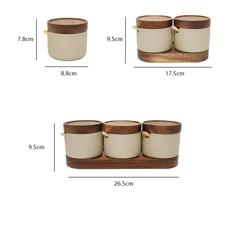 Ceramic Seasoning Jar Retro Japanese Style Home Kitchen Salt Chili Sugar Jar Oil Pot Wooden Lid Spice Kitchen Utensils Modern