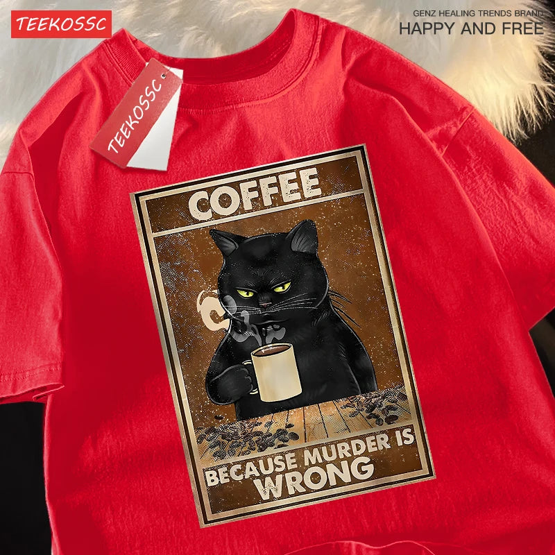 Porque Matar Está Mal Camiseta Unisex Oversize de Algodón Transpirable de Gato Negro Bebiendo Café Ropa Urbana
