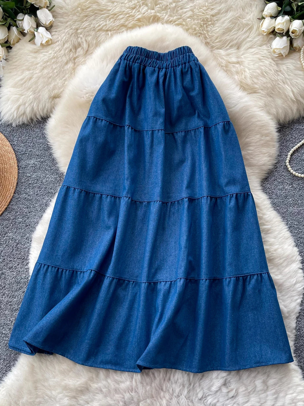 Korean Style A-Line  Skirt Women's Summer Slimming Elastic Waist Denim Patchwork Skirts City Commute Universal Long Skirts