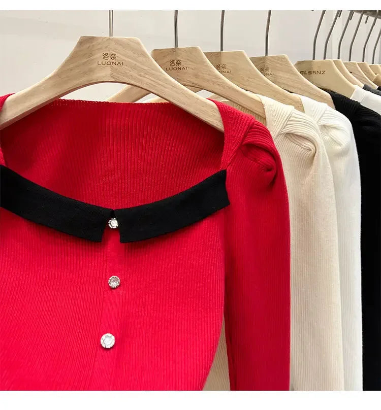 Women's Knitted Short Sweater Square Collar Base Shirt Color Collision Design Sensation Autumn Winter Special Edition Top