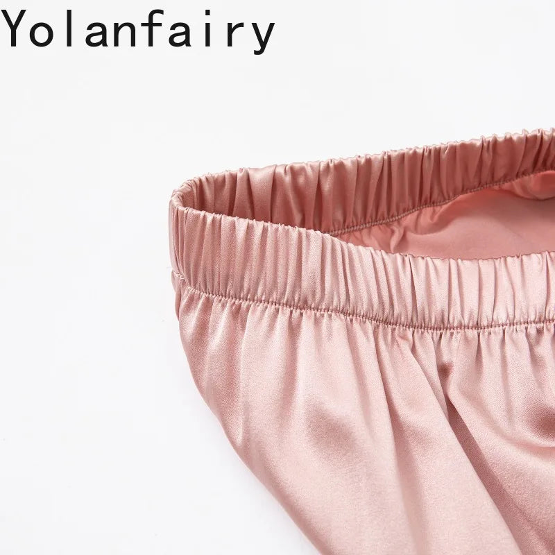 YOLANFAIRY 93% Real Mulberry Silk Pajamas for Woman 2026 Spring Summer High-end Sets Woman 2 Piece Short Sleeve Pijamas De Mujer