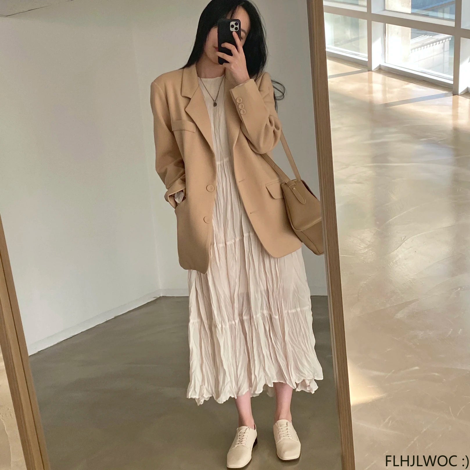 Autumn Spring Wrinkle Loose Dresses New Hot Women Cute Japan Style Retro Vintage Girls Holiday Casual Solid Apricot White Dress