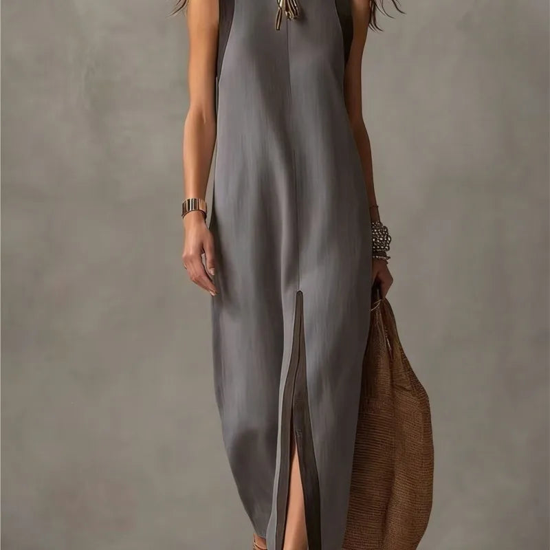 Boho Asymmetrical Hem Maxi Dress Front Slit Contrast Trim Summer New Woman Dresses Casual Sleeveless Round Neck Loose Dresses