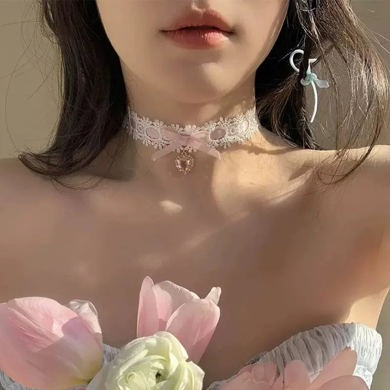 30Cm Lace Bow Necklace Sweet Love Heart Gem Charm Lolita Girls Necklace Cosplay Collar Chains Dancing Jewelry For Wedding