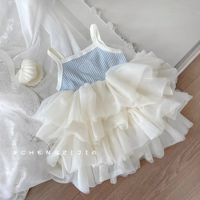 ZOETOPKID Summer Girl Princess Dress Stylish Baby Strap Vest Layered Dress Korean Puffy Mesh Skirt Toddler Kids Trendy Skirts