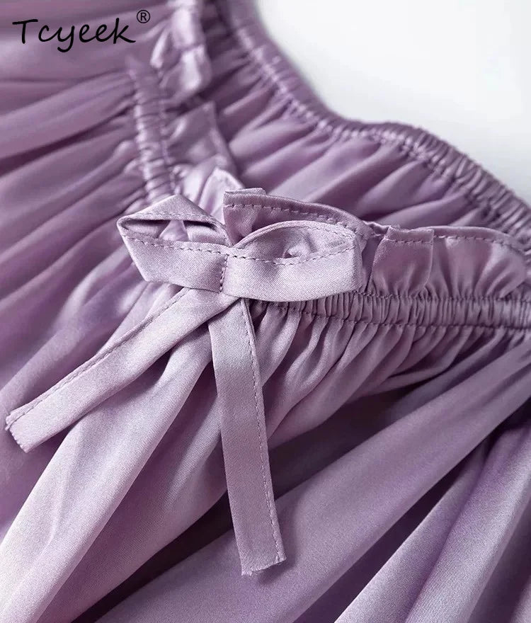 Tcyeek 21MM 100% Mulberry Silk Night Dress for Women Comfortable Sleepwear Women's Home Clothes Thin Purple Sommerkleid Damen