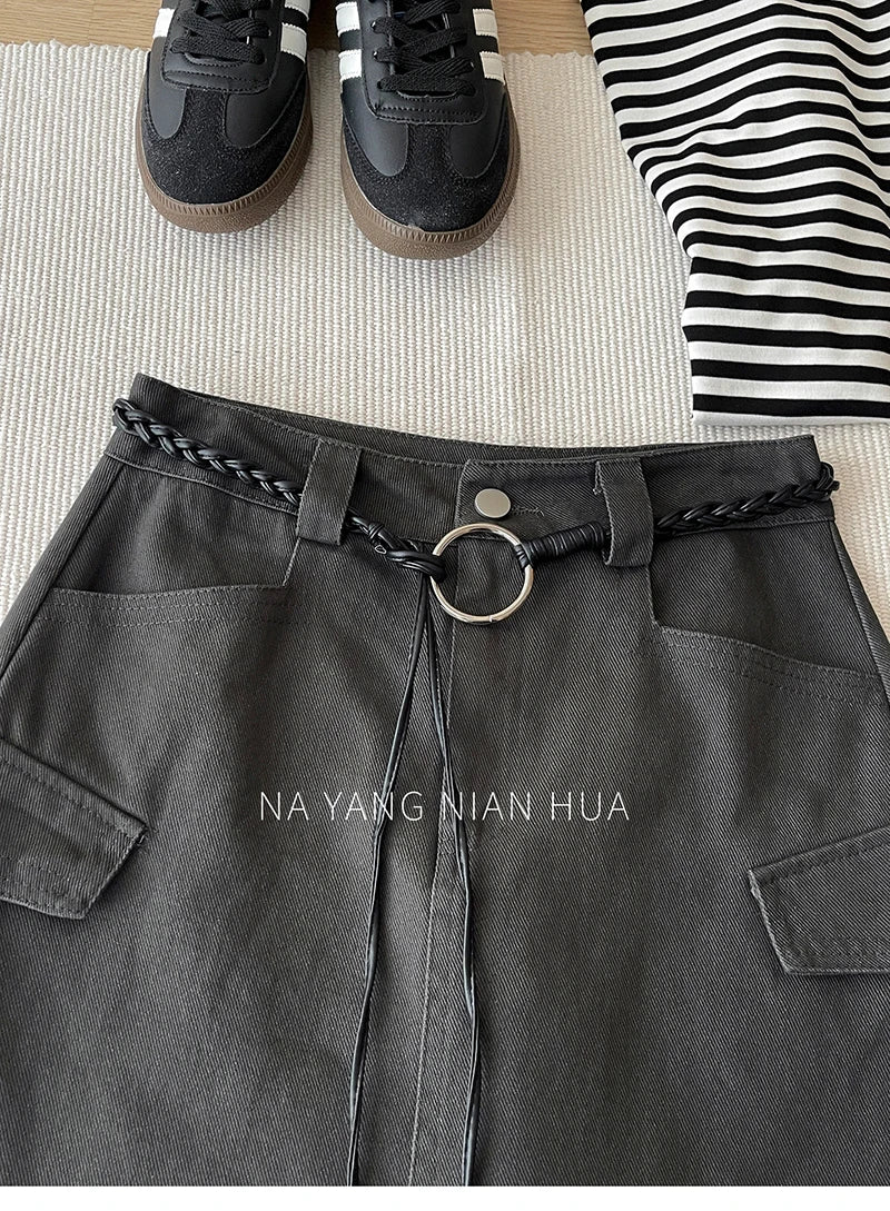 Beiyingni American Style Women's Short Denim Skirt Belt Vintage Fashion Summer High Waist A-line Skirts Female Streetwear Skirt