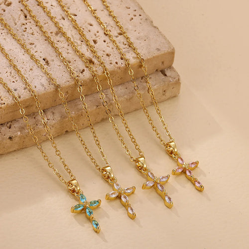Cubic Zirconia Cross Pendant Necklace For Women Colorful Shiny Gold Tone Delicate Fashion Jewelry