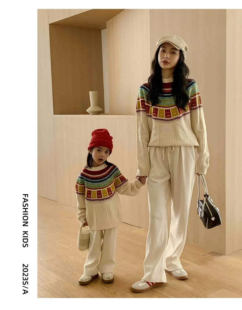Women Sweater Print Family Daughter Matching Equal Mother Same Knit Top Pullover Baby Knitwear Clothes Knitted Jumper Holiday