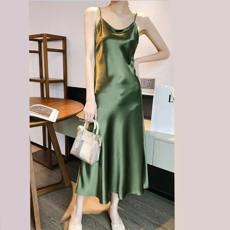 2026 fashion Sexy Satin Long Dress Summer Lady Acetate satin Party Dress High Waist Slim Female Retro Dress Red Pink robe femme