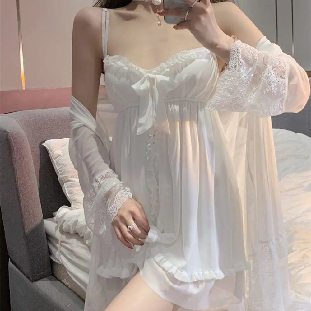 Lace Bowknot Women Pajama Dress Nightgown Sleeveless Homewear Sleeping Dress Robe Set Ruffle Sleepwear Sling Nightgown with Pads