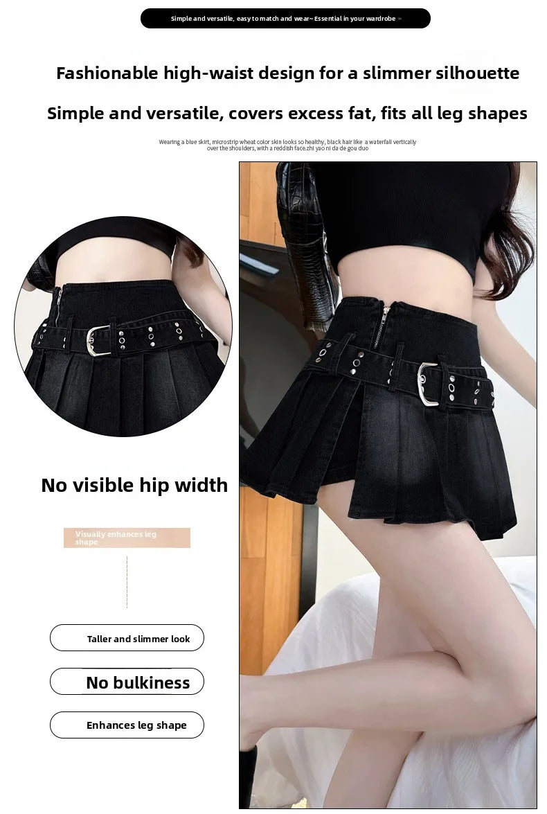 High Waist A-Line  Skirt Women's Denim Pleated Half Body Summer New Style Comfortable Soft Korean Version City Commute