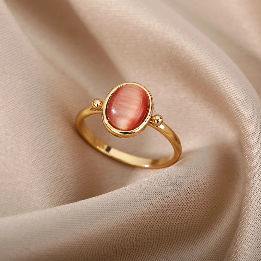 Stainless Steel Opal Rings For Women'S Aesthetic Water Drop Gold Color Wedding Ring Waterproof Jewelry Finger Accessories Gifts