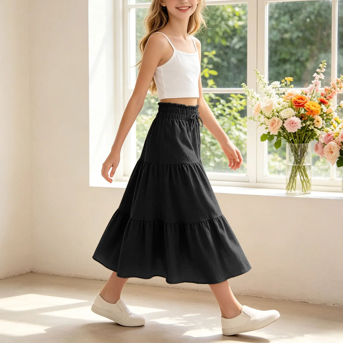 Kids Girls Boho Pleated Long Skirt Summer Solid Elastic Waist Lightweight Large Swing Skirt Casual Beach Holiday Vacation