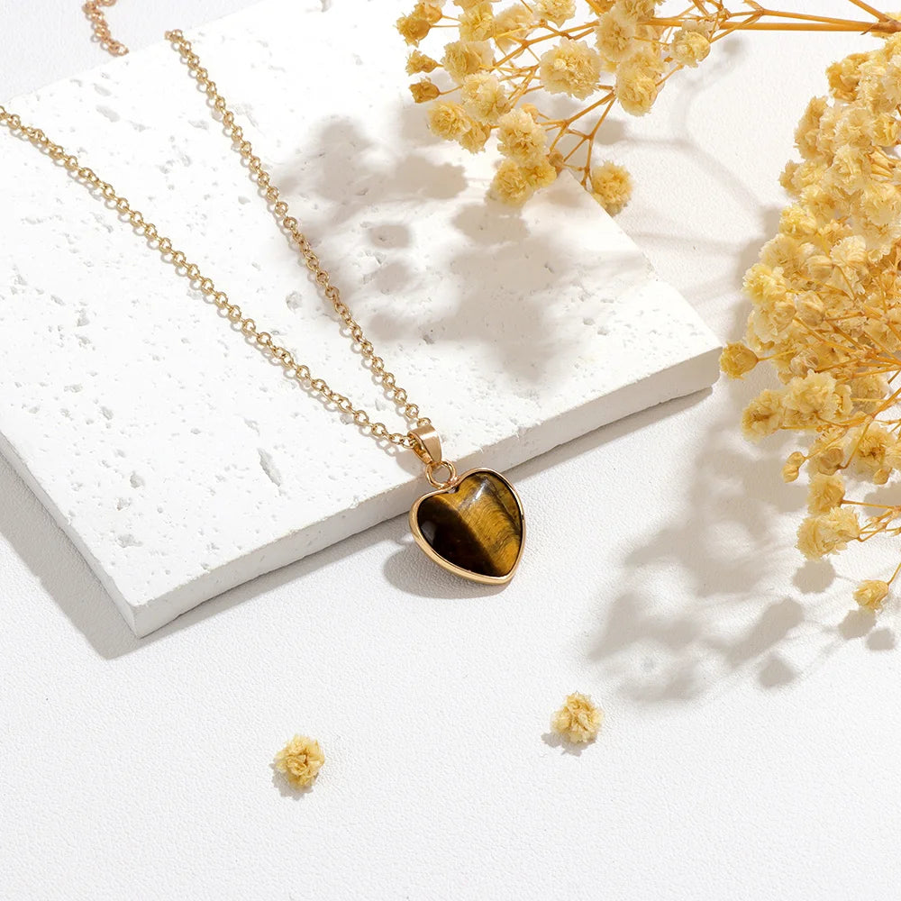1pc Heart Shaped Pendant Natural Tiger's Eye Quartz Gem Necklace Reiki Healing Accessories Valentine's Day Gift For Woman