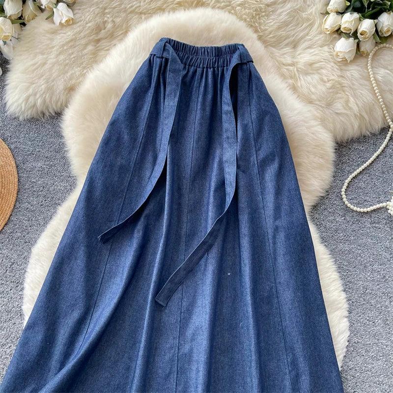 KAROFI Women Bow Tie Elastic Waist Denim Long Skirt Korean A Line Flowy Midi Jeans Skirt Casual Loose Vintage Blue Maxi Skirts