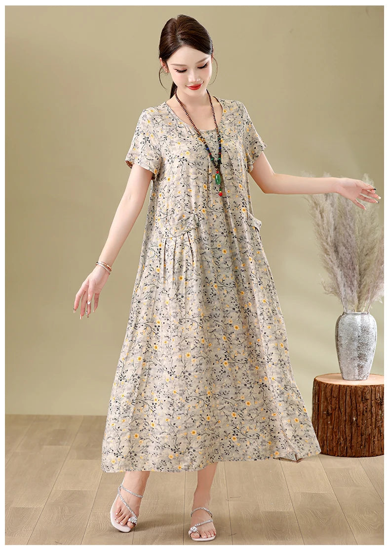 New Fashion Casual Summer Dresses For Women 2026 Loose Plus Size Clothes Elegant printting O-neck Short Sleeve Woman Clothing