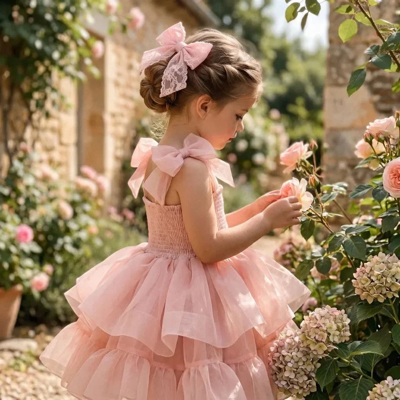 2026summer Fashion Baby Girl Princess Tutu Dress Bowknot Sleeve Child Tulle Vestido Pageant Party Birthday Baby Clothes 0-10Ynew