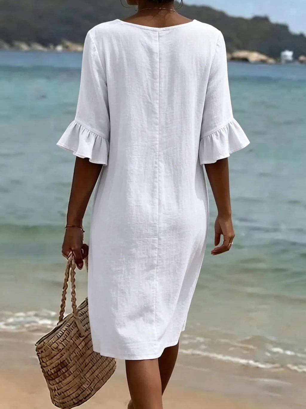 Simple Casual Women's Solid Color Midi Dress V Neck Button 3/4 Sleeve Loose 2026 New Summer Beach Vacation Dresses With Pockets