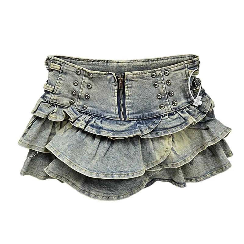 DEAT Women's Denim Skirts Rivet Design A-line High Waist Zipper Ruffles Hem Mini Short Skirt Summer 2026 New Fashion 29A6725