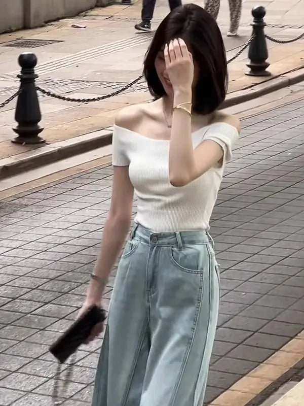 Shoulder Bared Knitted Short Sleeve T Shirt Women's Style Summer Edition Slim Fit Black Color Commute Fashion Creative Pattern