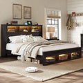 King Bed Frame with 47.2” Bookcase Storage Headboard & Footboard, Farmhouse Wooden Platform Bed with LED Light, Custom